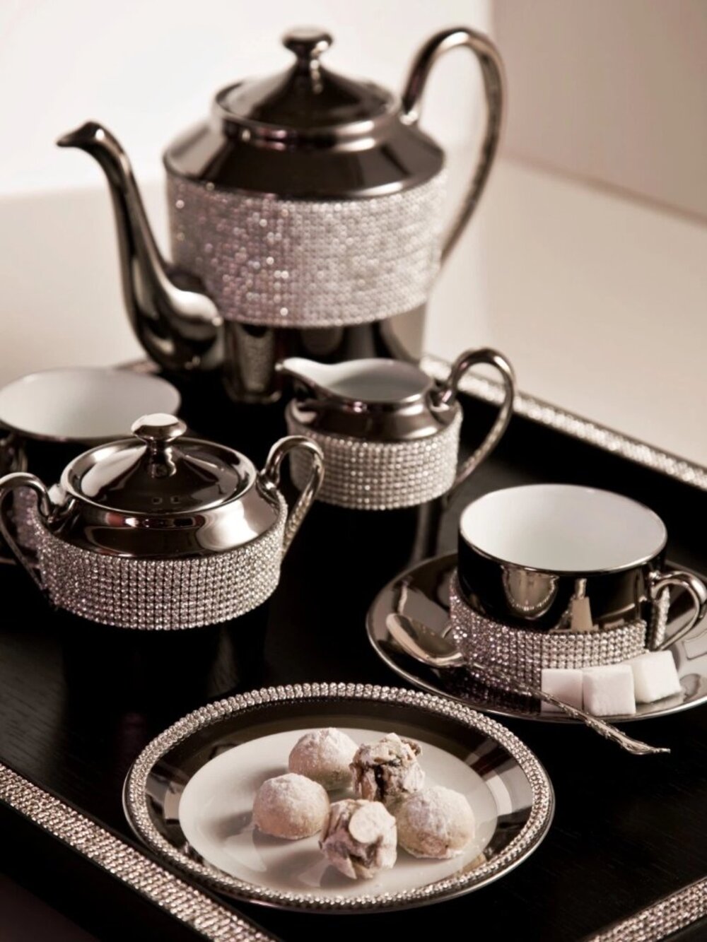Sophie Villepigue French Porcelain Swarovski Coffee Tea Service for 4 + Tray 12